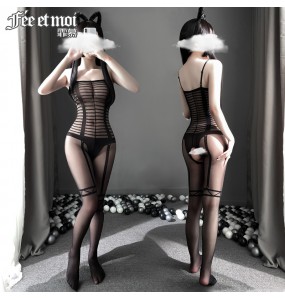 FEE ET MOI Sexy See Through Fake Bundling Open File Body Stocking (Black)